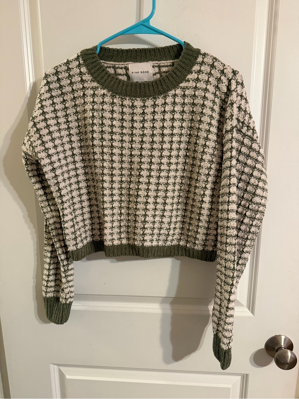 Pink Rose Olive Green & Cream Textured Crop Crewneck Sweater size small